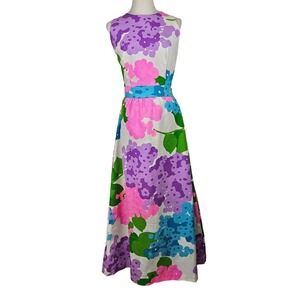 Vintage Floral Maxi Dress 18 10/12 Textured Cotton‎ Pink Blue Purple White